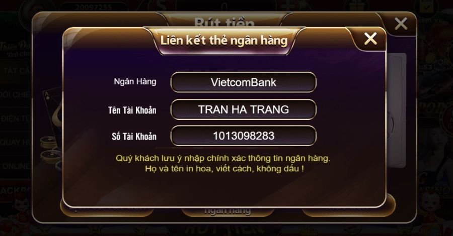 Người chơi có thể liên kết ngân hàng lớn tại Việt Nam để thao tác rút tiền